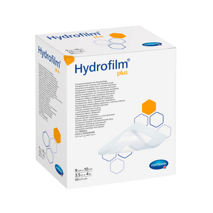 Krabice s obvazy Hartmann Hydrofilm® Plus průhledný obvaz od společnosti Paul Hartmann AG, s popisem produktu a detaily, prezentována s obrázkem obvazů na straně.