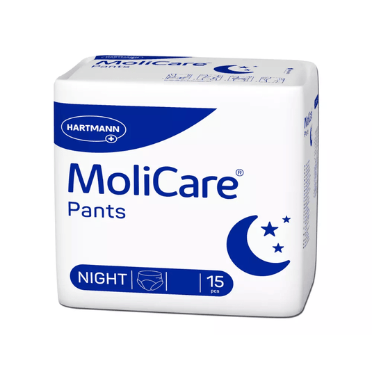 Inkontinenční kalhotky Hartmann MoliCare Pants Night od společnosti Paul Hartmann AG jsou k dostání v decentním bílo-modrém obalu s motivy půlměsíců a hvězd a nápisem „Night“. Jsou určeny pro močovou inkontinenci, poskytují diskrétní ochranu a v balení je jich 15 kusů.