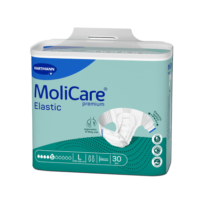 Balení plen Hartmann MoliCare® Premium Elastic 5 kapek od společnosti Paul Hartmann AG ve velikosti L s počtem kusů 30 a symboly pro ergonomický střih na světle modrém pozadí.