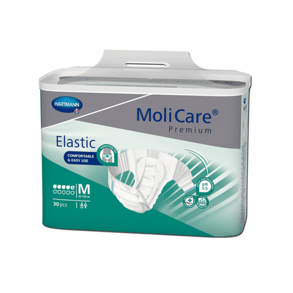 Balení středně velkých plen pro dospělé MoliCare® Premium Elastic 5 kapek od společnosti Paul Hartmann AG. Třívrstvé balení zdůrazňuje na převážně modrozeleném a bílém obalu komfort a snadné použití.