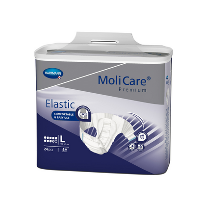 Modro-bílý balíček Hartmann MoliCare® Premium Elastic plen pro dospělé ve velikosti L od Paul Hartmann AG s 24 kusy, kde je kladen důraz na pohodlí a snadné použití.