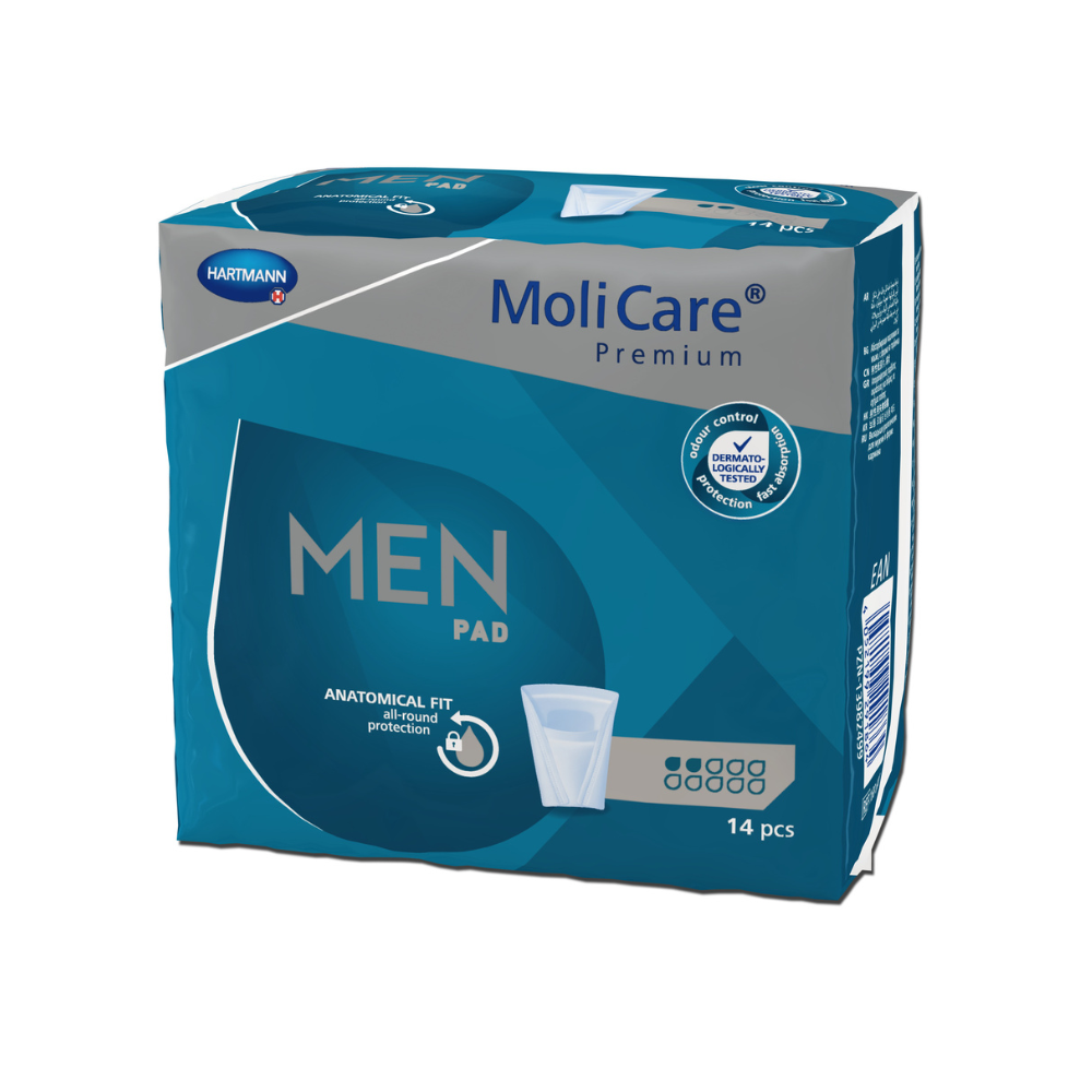 Modré balení s Hartmann MoliCare® Premium MEN PAD vložka - 14 kusů, s anatomickým tvarem pro optimální ochranu. Na obalu jsou také vidět symboly, které upozorňují na vlastnosti produktu.