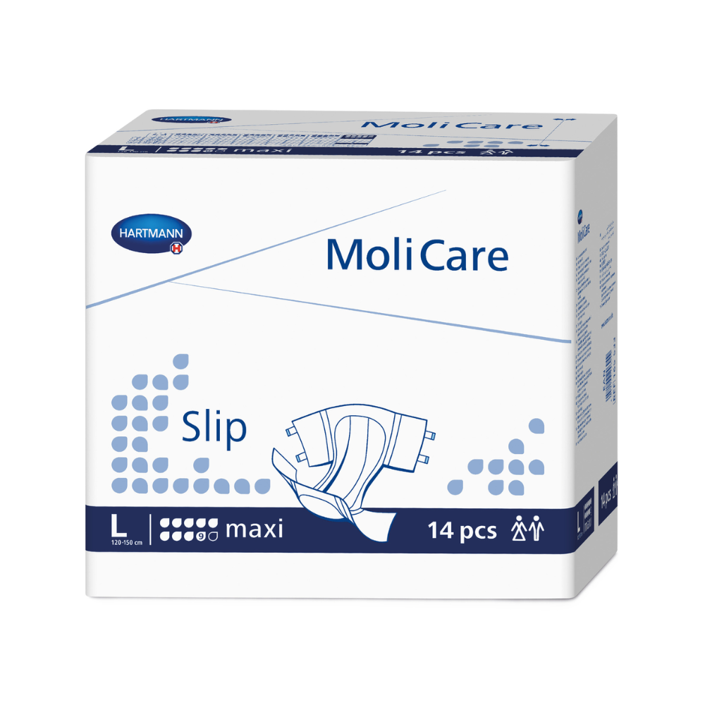 Krabice plen pro dospělé Hartmann MoliCare® Slip maxi 9 kapek od společnosti Paul Hartmann AG ve velikosti L, obsah 14 kusů, převážně bílý a modrý obal s grafikou produktu a textem.