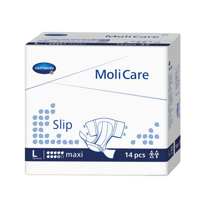 Krabice plen pro dospělé Hartmann MoliCare® Slip maxi 9 kapek od společnosti Paul Hartmann AG ve velikosti L, obsah 14 kusů, převážně bílý a modrý obal s grafikou produktu a textem.
