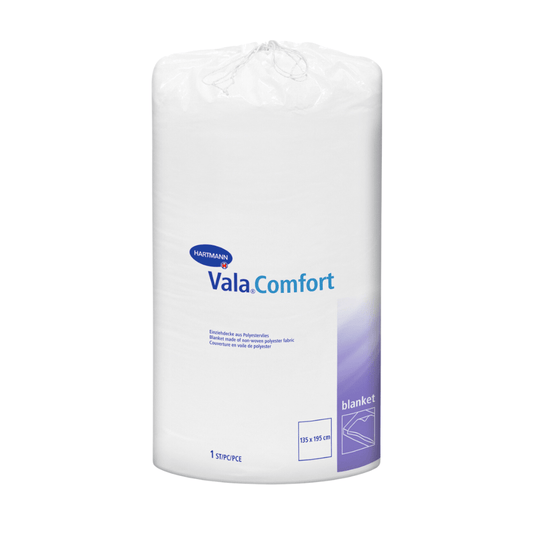 Zapečetěná bílá role přikrývek Hartmann Vala®Comfort od společnosti Paul Hartmann AG, vyobrazená na bílém pozadí. Na štítku jsou uvedeny podrobnosti o produktu a rozměry (155 x 210 cm).