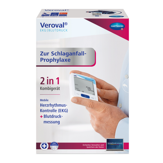 Der Auslaufartikel: Hartmann Veroval® EKG- und Blutdruckmessgerät (1 Stück) der Paul Hartmann AG zeigt eine Person mit dem mobilen EKG-Gerät, wobei die Schlaganfallprophylaxe und die wichtigsten Merkmale in deutscher Sprache hervorgehoben werden.
