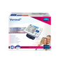 Verpackung des Hartmann Veroval® Handgelenk-Blutdruckmessgeräts mit digitaler Anzeigeeinheit und Manschette, mit Bildern eines lächelnden älteren Paars und Informationen zum Produkt in deutscher Sprache.