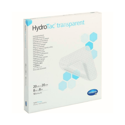 Krabice průhledného hydrocelulárního gelového obvazu Hartmann HydroTac® od společnosti Paul Hartmann AG, která na přední straně zobrazuje jasný obrázek produktu s detaily produktu v několika jazycích. Krabice je bílá.