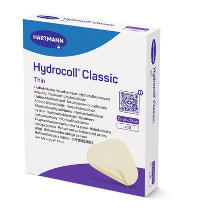 Krabička sterilních krytí ran Hydrocoll® Classic Thin od Paul Hartmann AG, 7,5 x 7,5 cm, 10 kusů na krabičku, jednotlivě zatavené. Bílomodré balení s vícejazyčným textem.