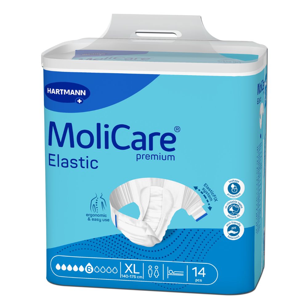Dospělé pleny Hartmann MoliCare Premium Elastic ve velikosti XL mají modro-bílé balení s obrázkem inkontinenční vložky. Obsahují 14 kusů pro obvod pasu 140-175 cm, nesou výrazně viditelný název značky Paul Hartmann AG a poskytují komfort pro močovou a stolní inkontinenci.