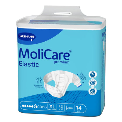 Dospělé pleny Hartmann MoliCare Premium Elastic ve velikosti XL mají modro-bílé balení s obrázkem inkontinenční vložky. Obsahují 14 kusů pro obvod pasu 140-175 cm, nesou výrazně viditelný název značky Paul Hartmann AG a poskytují komfort pro močovou a stolní inkontinenci.