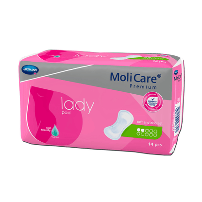 Tento obrázek ukazuje balíček vložek Hartmann MoliCare® Premium lady pad. Obal je růžový a šedý s bílým textem. Produkt Paul Hartmann AG pro lehkou inkontinenci je inzerován jako měkký a diskrétní, přátelský k pokožce a obsahuje 14 kusů. Na přední straně je malé zobrazení vložky.