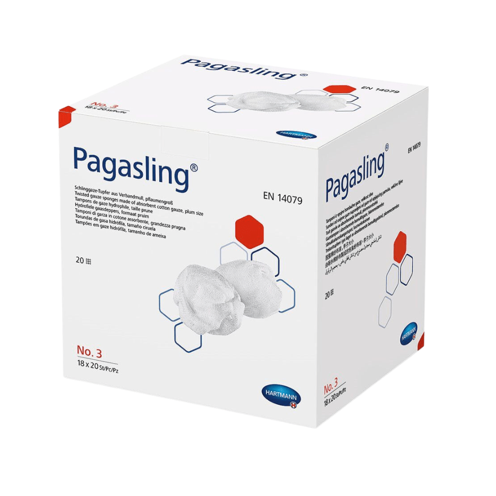 Krabice s Hartmann Pagasling® obvazovými tampony na rány od Paul Hartmann AG, označená jako „Verbandmull EN 14079“, která zobrazuje produkt s viditelnými savými polštářky. Balení obsahuje pokyny k použití a grafiku.