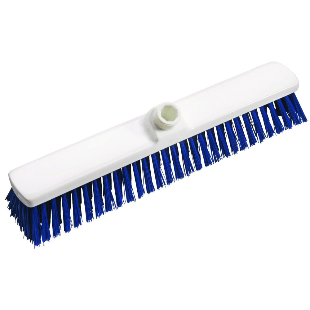 Haug velkoobjemový kartáč PBT 400x60x120 mm od Haug Bürsten KG má bílou obdélníkovou základnu a modré štětiny, stejně jako otvor pro upevnění rukojeti na horní straně. Je perfektní pro profesionální úklid a nabízí spolehlivost a efektivitu v potravinářském odvětví.
