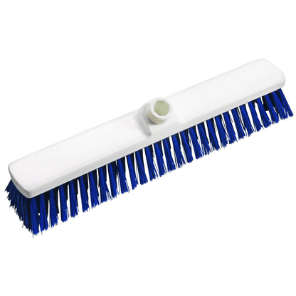 Haug velkoobjemový kartáč PBT 400x60x120 mm od Haug Bürsten KG má bílou obdélníkovou základnu a modré štětiny, stejně jako otvor pro upevnění rukojeti na horní straně. Je perfektní pro profesionální úklid a nabízí spolehlivost a efektivitu v potravinářském odvětví.