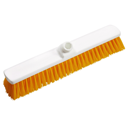 Haug velkoobjemový kartáč PBT 400x60x120 mm od Haug Bürsten KG je se svými jasně žlutými štětinami a bílou hlavou kartáče ideální pro profesionální úklid v potravinářském průmyslu. Je navržen pro snadné upevnění násady a je zobrazen horizontálně na jednoduchém bílém pozadí.