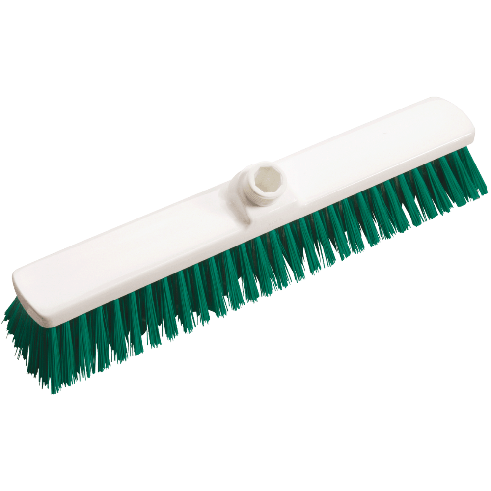 Haug velkoobjemový kartáč PBT 400x60x120 mm od Haug Bürsten KG je ideální pro profesionální úklid, s bílou plastovou základnou, nástavcem na násadu a zelenými štětinami pro efektivní zametání.