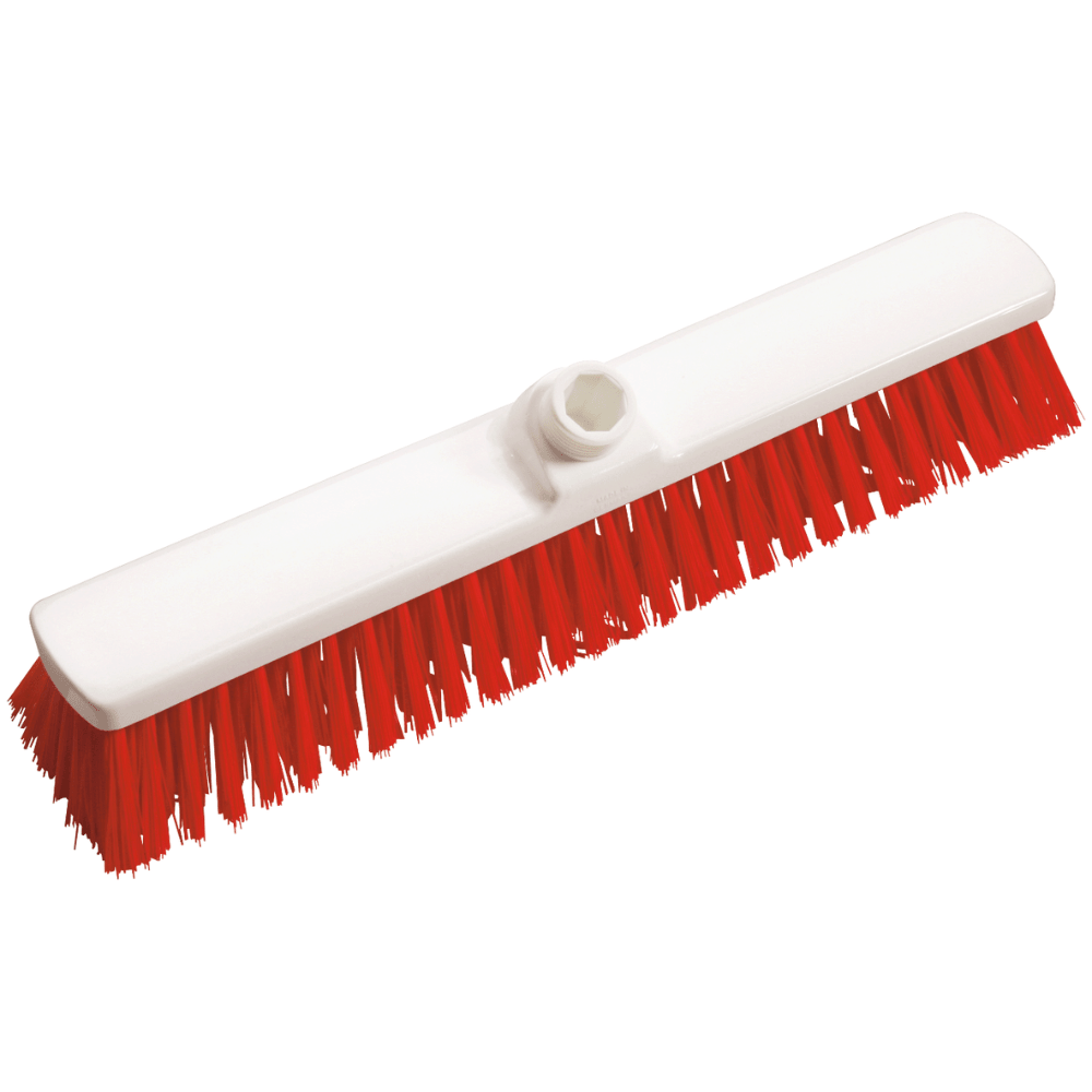 Haug velkoobjemový kartáč PBT 400x60x120 mm od Haug Bürsten KG je profesionální čisticí kartáč s tuhými červenými štětinami a bílou plastovou hlavou, ideální pro drhnutí povrchů v potravinářském odvětví, vybavený úchytem pro upevnění násady.