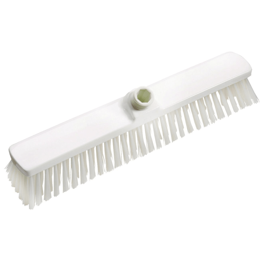 Haug velkoobjemový kartáč PBT 400x60x120 mm od Haug Bürsten KG má bílou hlavu kartáče s tuhými štětinami a centrálním upevňovacím bodem, ideální pro profesionální úklidové úkoly v potravinářském průmyslu. Perfektní pro efektivní drhnutí povrchů.