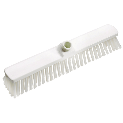 Haug velkoobjemový kartáč PBT 400x60x120 mm od Haug Bürsten KG má bílou hlavu kartáče s tuhými štětinami a centrálním upevňovacím bodem, ideální pro profesionální úklidové úkoly v potravinářském průmyslu. Perfektní pro efektivní drhnutí povrchů.