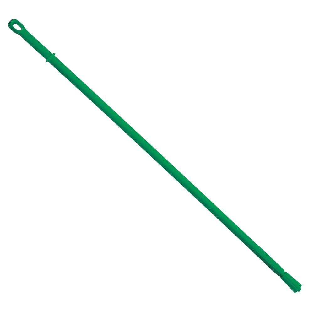 Zelená plastová tyč Haug Bürsten KG o délce 1500 mm a průměru 32 mm vyniká svým ergonomickým designem a smyčkovým upevněním na jednom konci, prezentována na bílém pozadí.