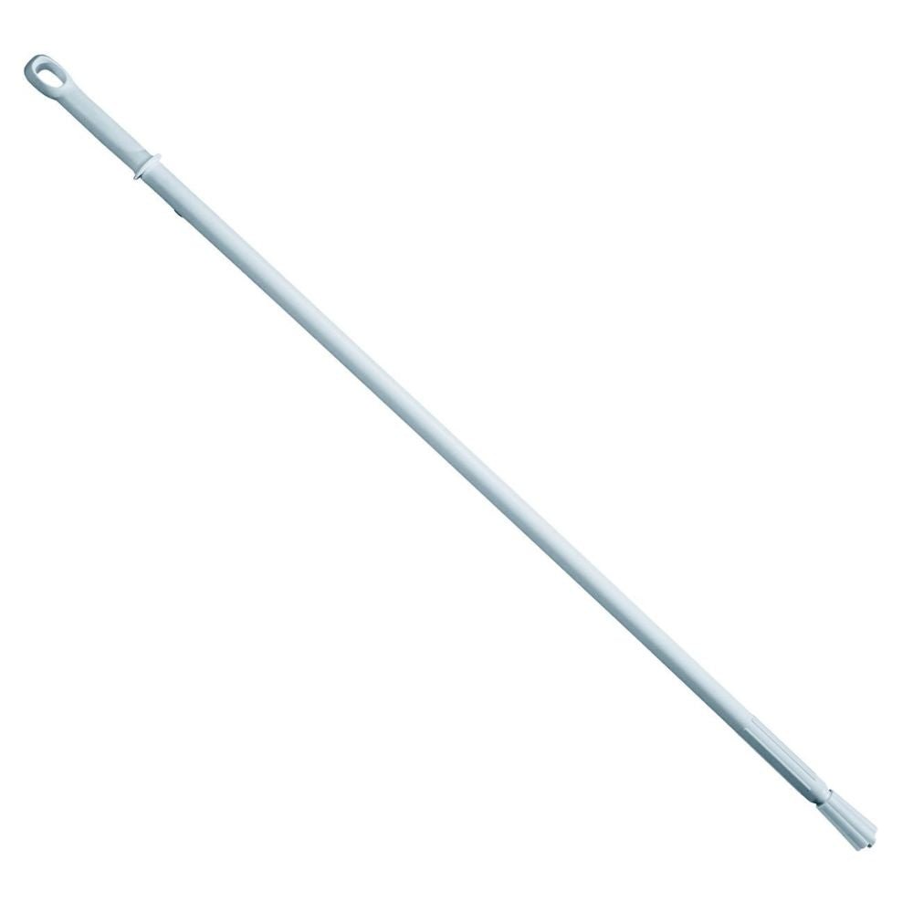 Obraz ukazuje ergonomickou plastovou tyč Haug o délce 1500 mm a průměru 32 mm od Haug Bürsten KG, bílou teleskopickou tyč s ergonomickou oválnou rukojetí a závitovou špičkou. Je ideální pro čištění nebo malování a je vyrobena z odolných materiálů s vysokou tepelnou odolností.