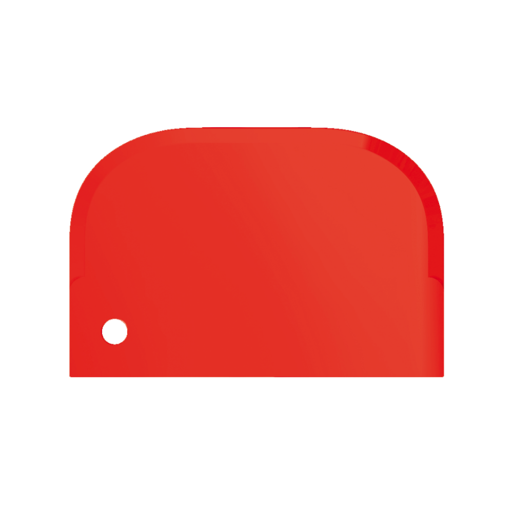 Jasně červený předmět se zaoblenými hranami a lesklým povrchem, který připomíná Haug škrabka malá 15 x 10 cm od Haug Bürsten KG. Má malý kulatý otvor v levém dolním rohu a je zobrazen na jednoduchém bílém pozadí.