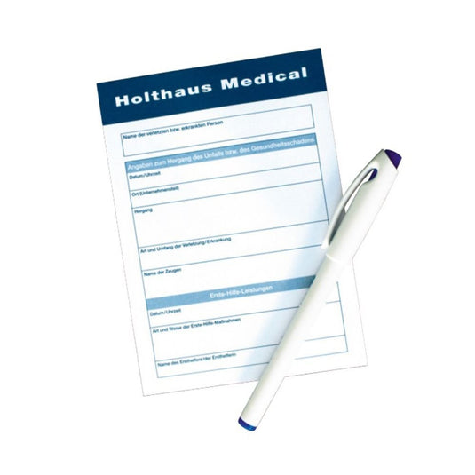 Záznamový blok společnosti Holthaus Medical GmbH & Co. KG obsahuje oddíly pro osobní údaje a lékařské události, které jsou nezbytné pro přesnou dokumentaci. Na formuláři je vyobrazen prázdný perový hrot na jednoduchém bílém pozadí.