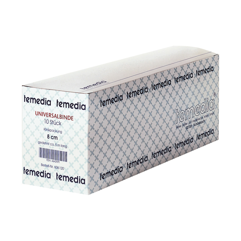 Obdélníková krabice Holthaus Temedia Universalbinde, klinické balení 8 cm x 5 m - 10 obvazů od Holthaus Medical GmbH & Co. KG, obsahuje 10 obvazů. Krabice je opatřena vzorem a nese logo Temedia. S šířkou 8 cm a délkou cca 5 m jsou tyto kompresní obvazy ideální pro efektivní ošetření ran.
