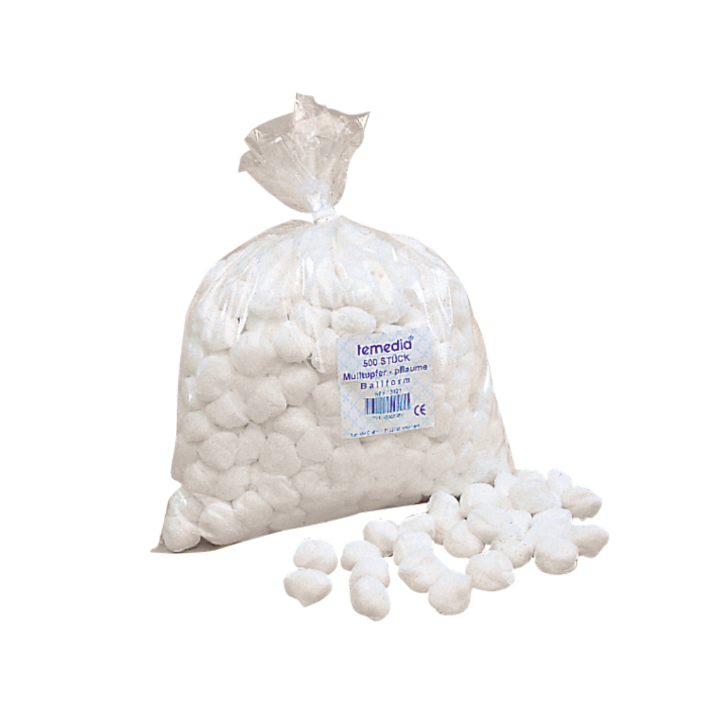 V průhledném plastovém sáčku s nápisem „Holthaus Medical GmbH & Co. KG“ se nachází několik smyčkových gázových tamponů Temedia nesterilní vel. 2, ve tvaru koule a v barvě vlašského ořechu (500 kusů). Několik vatových kuliček je vysypáno ze sáčku, který je uzavřen kabelovou svorkou a položen na bílou podložku. Tyto lékařské tampony jsou ideální pro péči o rány.