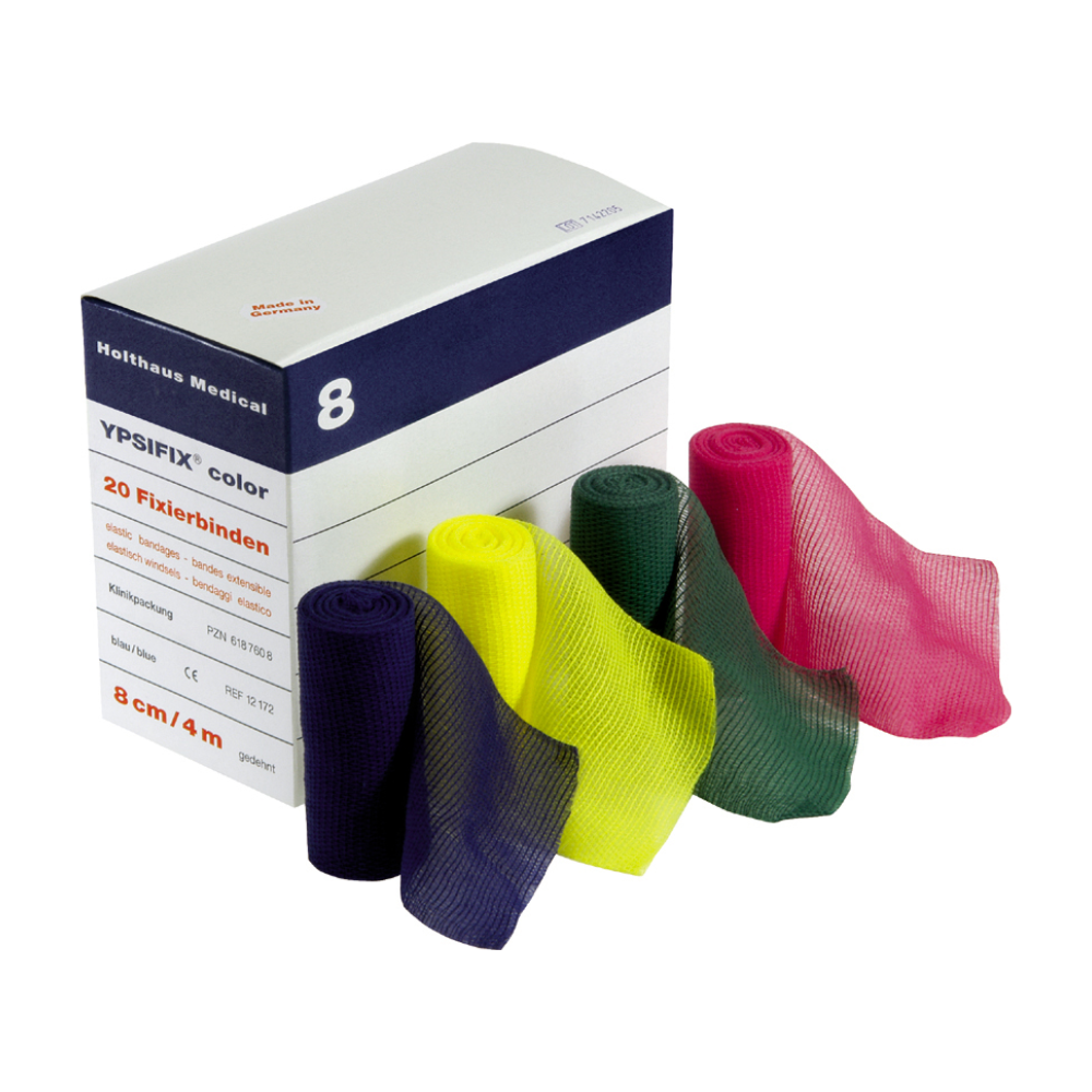 Na obrázku je krabička Holthaus Ypsifix® color fixačního obinadla od společnosti Holthaus Medical GmbH & Co. KG, na jejíž přední straně je zobrazeno pět elastických fixačních obinadel v různých barvách (fialová, žlutá, zelená, červená a modrá). Krabička obsahuje 20 obinadel (Holthaus Ypsifix® color fixační obinadlo, modrá) o rozměrech 8 cm x 4 m.