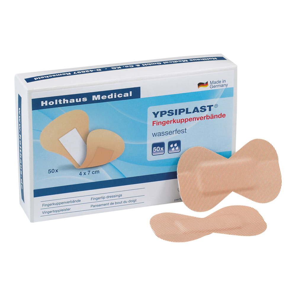 Krabička Holthaus Ypsiplast® Fingerkuppenverband, vodotěsné náplasti na prsty od Holthaus Medical GmbH & Co. KG. Na krabičce je uvedeno 50 náplastí o rozměrech 4 x 7 cm. Před krabičkou jsou zobrazeny dvě náplasti pro drobná zranění s designem ve tvaru motýla. Na krabičce je uvedeno „Vyrobeno v Německu“.