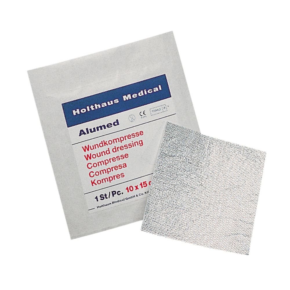 Balíček Holthaus Medical Alumed® Wundkompresse od společnosti Holthaus Medical GmbH & Co. KG zobrazuje v několika jazycích krytí na rány s hliníkovou sítí. Měří 10 x 10 cm a obsahuje jeden sterilní kus (1 kus).