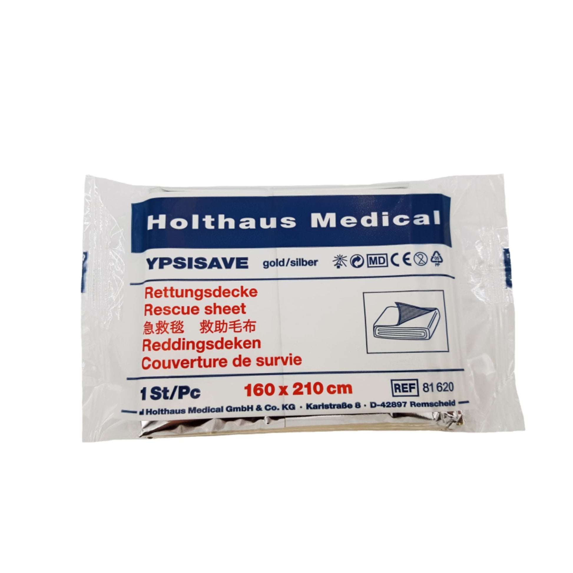 Die Verpackung der Holthaus Medical YPSISAVE Rettungsdecke gold/silber (160 x 210 cm) bietet Kälteschutz, ist mehrsprachig beschriftet und trägt prominent den Markennamen Holthaus Medical GmbH & Co. KG sowie die Referenznummer 61620.