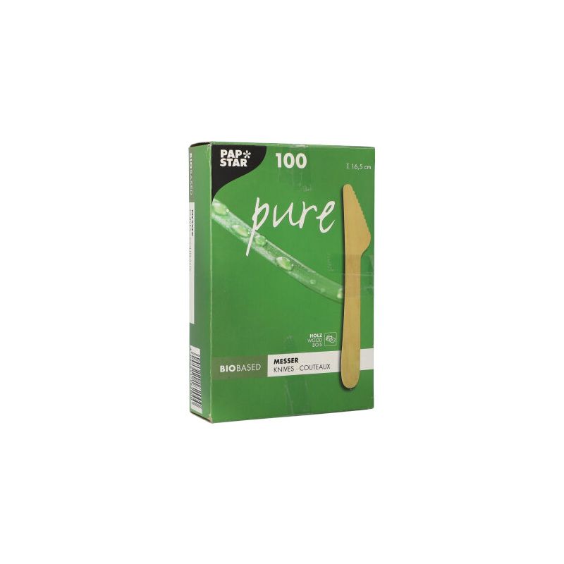 Obrázek ukazuje zelenou krabici s PAPSTAR „pure“ dřevěnými noži a zdůrazňuje jejich chemické vlastnosti. Krabice obsahuje 100 ekologických dřevěných nožů s délkou 16,5 cm. Obal zobrazuje vyobrazený nůž a ekologické značení PAPSTAR GmbH.