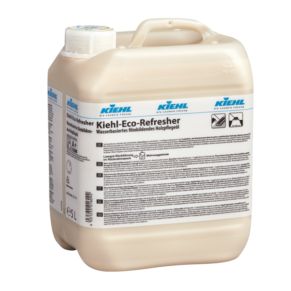 5litrový plastový kontejner od Johannes Kiehl KG Kiehl-Eco-Refresher, filmotvorný olej na péči o dřevo na vodní bázi pro podlahy, s rukojetí, šroubovacím uzávěrem a německým návodem; karton obsahuje 2 lahve.