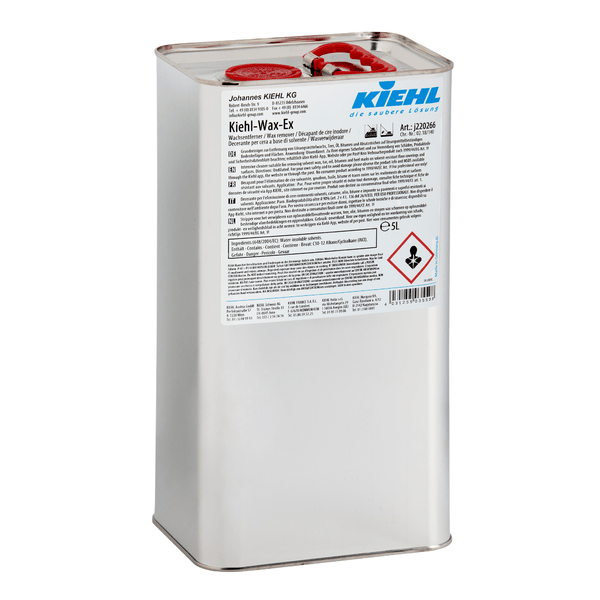 Der Johannes Kiehl KG Kiehl-Wax-Ex Wachsentferner 5 L (Karton mit 2 Flaschen) je obdélníková kovová nádoba s červeným víkem a varovnými symboly, ideální pro profesionální úklid budov a čištění podlah.