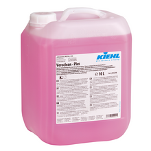 Ein 10-Liter-Kanister Kiehl Veroclean-plus Express-Grundreiniger der Johannes Kiehl KG für stark überpflegte Böden, mit mehrsprachiger Anleitung auf dem Etikett.
