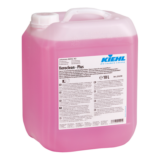 Ein 10-Liter-Kanister Kiehl Veroclean-plus Express-Grundreiniger der Johannes Kiehl KG für stark überpflegte Böden, mit mehrsprachiger Anleitung auf dem Etikett.
