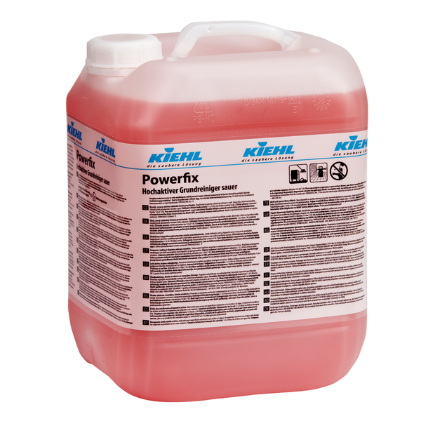 Velká, průhledná plastová nádoba s rukojetí, naplněná červenou tekutinou. Štítek: "Kiehl Powerfix Vysoce aktivní základní čistič, kyselý" od Johannes Kiehl KG; pro profesionální čištění a odstraňování vodního kamene, s bezpečnostními symboly a pokyny k použití.