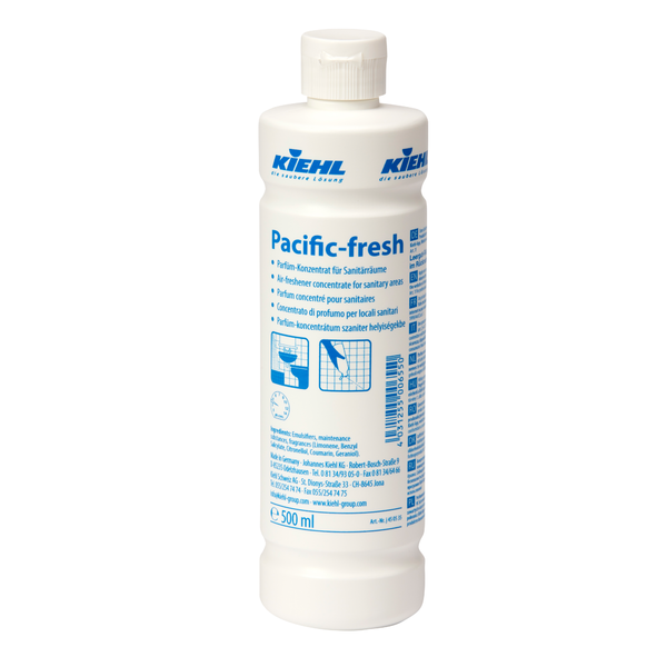 Bílá 500ml plastová láhev Kiehl Pacific-fresh Parfémový koncentrát pro sanitární prostory společnosti Johannes Kiehl KG s neutralizací zápachu, dlouhotrvající vůní, modrým textem na etiketě a bílým uzávěrem. K dispozici v kartonech po 12 lahvích.