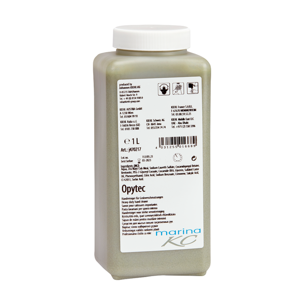 Hranatá 1L plastová láhev se šroubovacím uzávěrem, která obsahuje Kiehl Opytec čistič na ruce pro hrubé nečistoty od Johannes Kiehl KG. Etiketa na přední straně obsahuje podrobnosti o produktu, pokyny a informace o výrobci ve více jazycích.