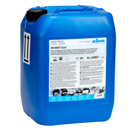 Velký modrý plastový kontejner o objemu 20 litrů se šroubovacím uzávěrem obsahuje Kiehl ARCANDIS-Classic intenzivní prostředek na mytí nádobí, lehce chlorovaný od Johannes Kiehl KG, ideální pro profesionální myčky nádobí. Bílý štítek a černé šipky označují vzpřímenou polohu.