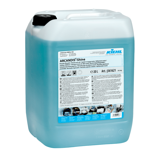Dvacetilitrový průhledný plastový kontejner naplněný modrou tekutinou s nápisem "Kiehl ARCANDIS-Shine Neutraler Klarspüler" od Johannes Kiehl KG, poskytující lesk bez šmouh pro myčky nádobí, informace o produktu, návod k použití a obrázky péče.