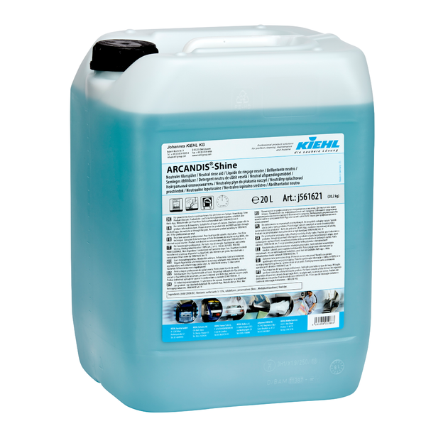 Ein 20-Liter-Behälter aus durchsichtigem Kunststoff, gefüllt mit blauer Flüssigkeit mit der Aufschrift "Kiehl ARCANDIS-Shine Neutraler Klarspüler" der Johannes Kiehl KG, mit streifenfreiem Glanz für Geschirrspülmaschinen, Produktinformation, Gebrauchsanweisung und Pflegebildern.