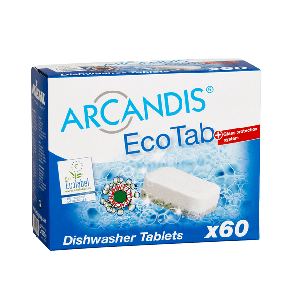 Modrá a bílá krabice s nápisem "Kiehl ARCANDIS-EcoTab Tablety do myčky" od Johannes Kiehl KG, která zobrazuje obrázek tablety, logo EU ekologické značky a text pro 60 bezfosfátových tablet s ochranou skla; balení obsahuje 5 krabic.