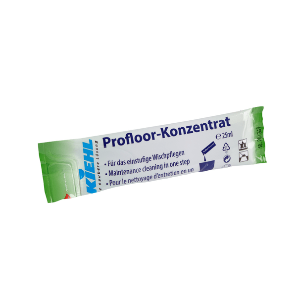 25ml sáček Kiehl Profloor-Konzentrat Pro jednofázové vytírání od Johannes Kiehl KG s textem v němčině, angličtině a francouzštině, zeleno/modro/bílým brandingem a ikonami pro použití při vytírání a bezpečnostními pokyny.
