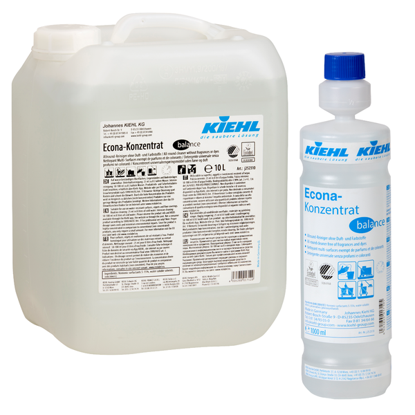 Na obrázku jsou dvě balení Kiehl Econa-koncentrát balance univerzální čistič bez vůně a barviv od Johannes Kiehl KG: vlevo 10litrový kanystr a vpravo 1litrová láhev, obě s informacemi o produktu.