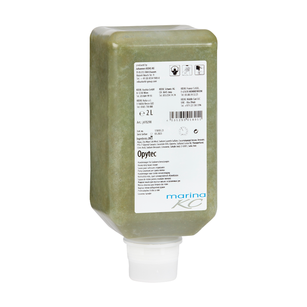 2litrová hranatá láhev zelenkavého čističe na ruce Kiehl Opytec pro hrubé nečistoty od Johannes Kiehl KG s bílou informační etiketou a širokým dávkovacím uzávěrem na dně obsahuje účinný čistič na ruce pro silné nečistoty.