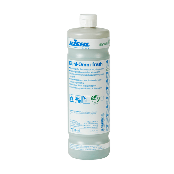 1litrová plastová láhev Omni-fresh mikrobiologický neutralizátor zápachu od Johannes Kiehl KG, čisticí aktivní, s bílým uzávěrem a modro-bílou, vícejazyčnou etiketou.